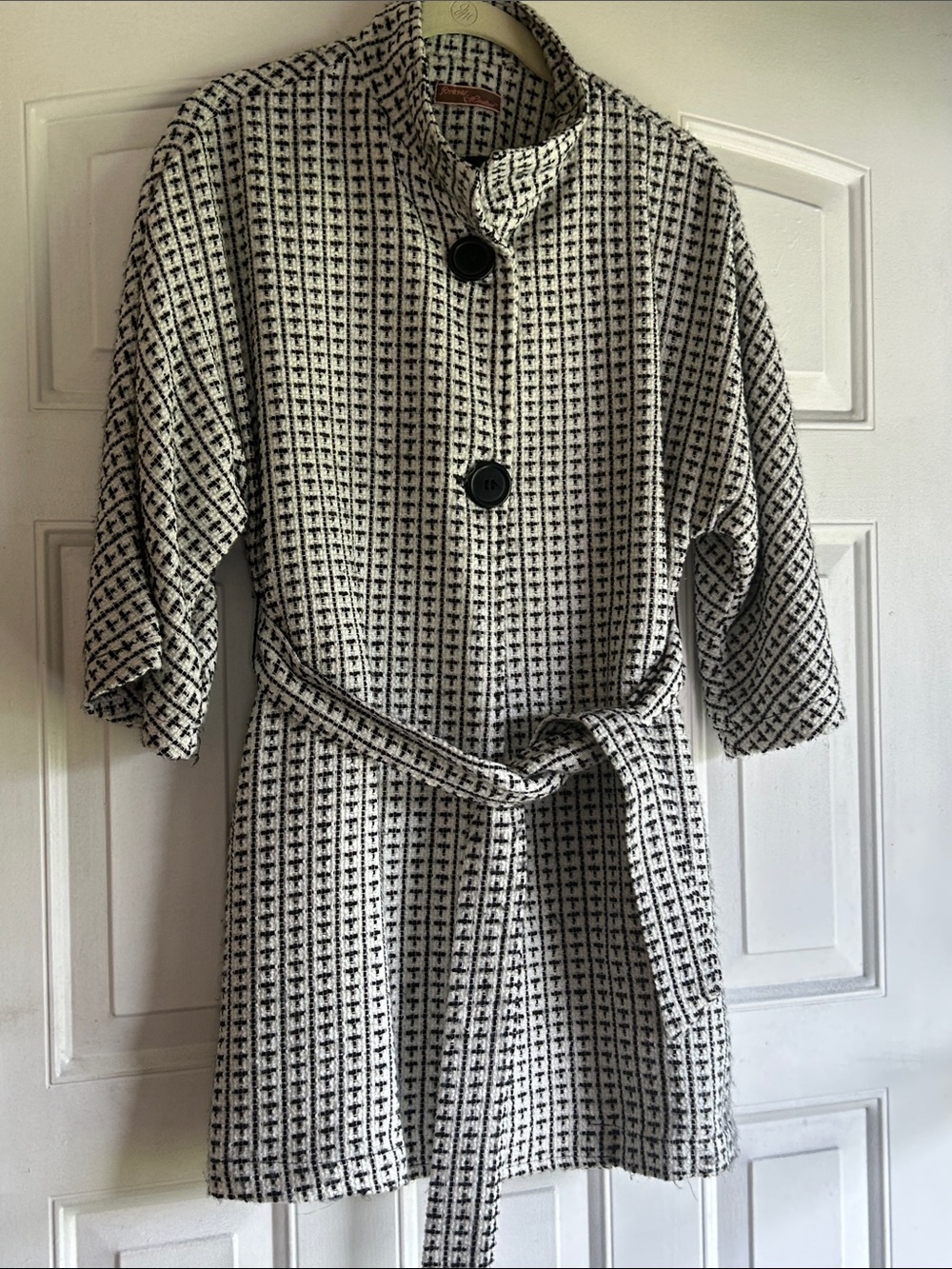 FOREVER HEATHER WOOL BLEND BLACK & WHITE GEOMETRIC 3/4 SLEEVE LINED JACKET SZ M